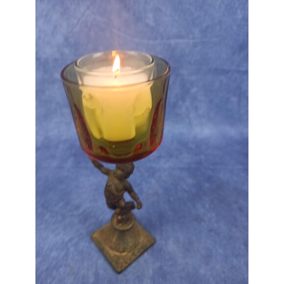 Brass Cherub Candle Holder Hollywood Regency MCM Amber Glass - Picture 11 of 11